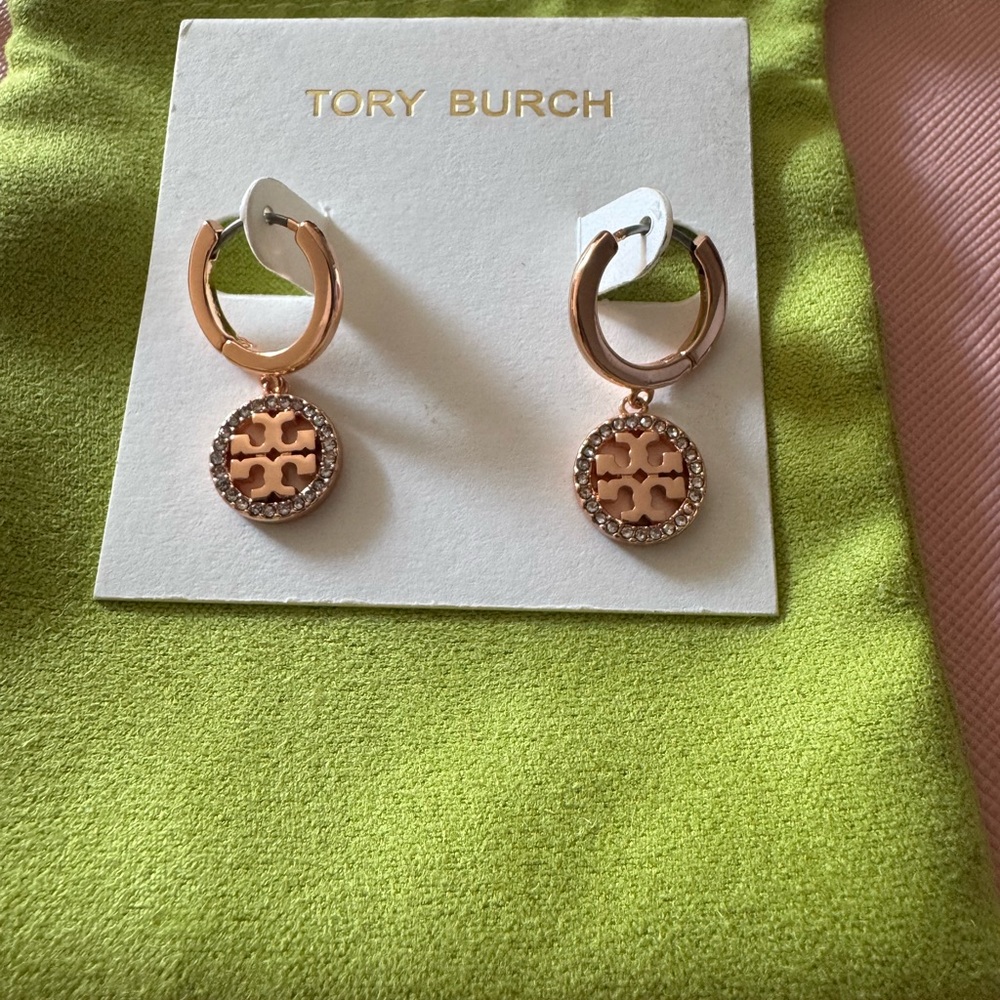Tory Burch Rose Gold Logo Hoop Earrings